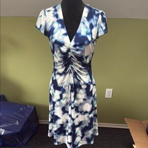 Maggy London Midi Dress in Elegant Blue and White